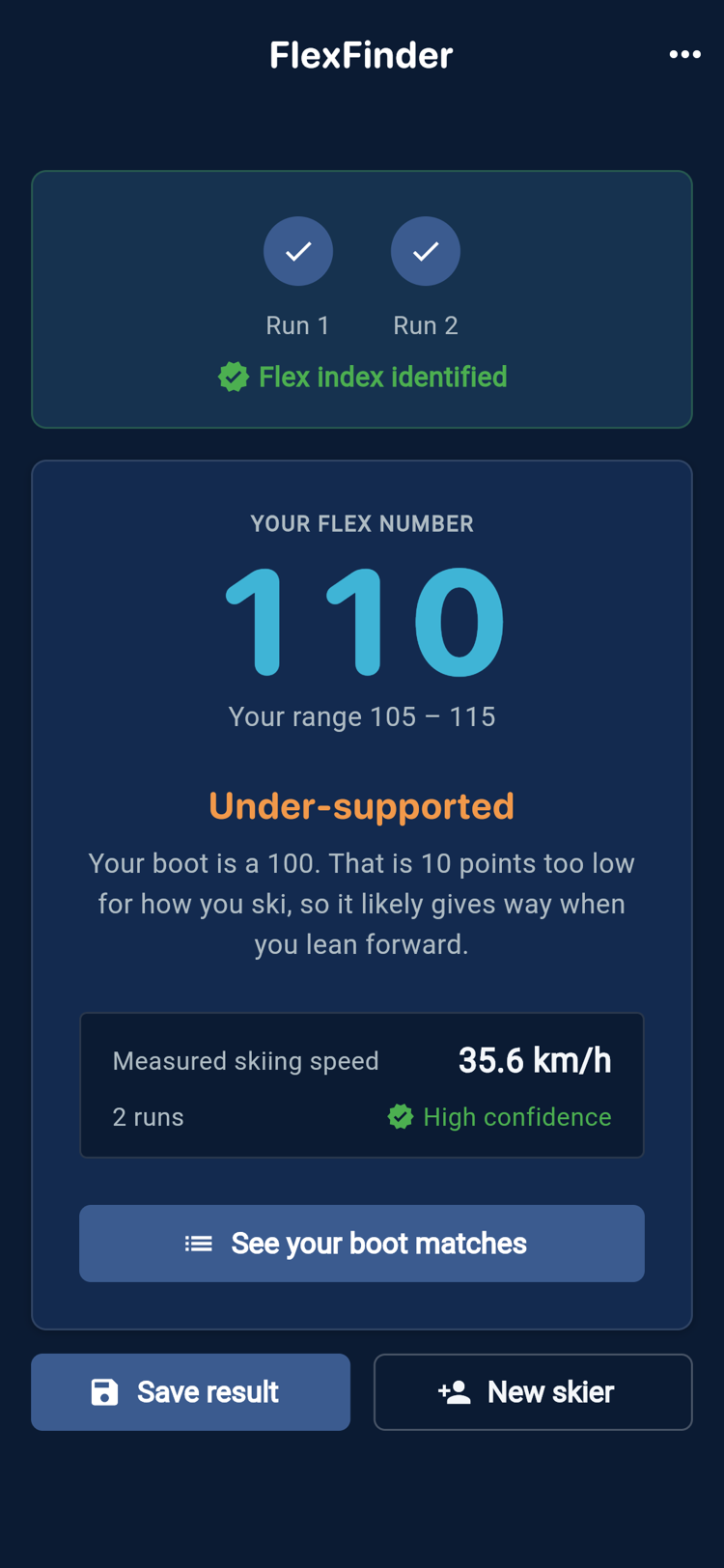 FlexFinder result screen: your flex number and range, and a verdict on the boot you have now